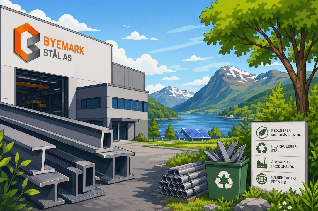 Illustrasjonsbilde av et kontorbygg med norsk natur i bakgrunn
